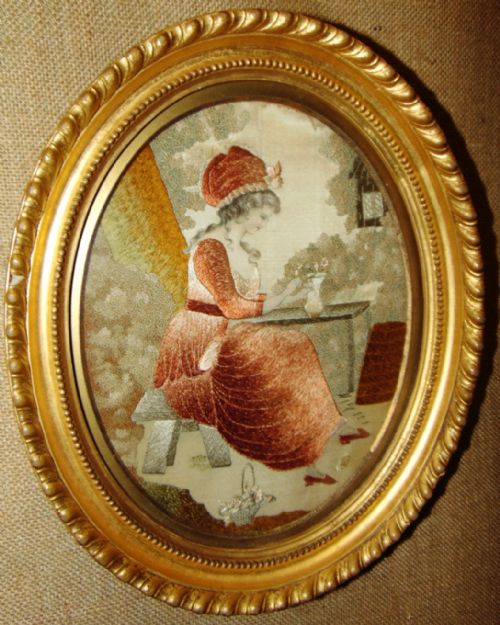 Georgian Oval Silkwork Picture. Circa 1820