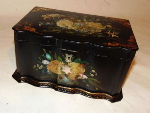 Victorian Decorated Papier Mache Tea Caddy. Circa 1850