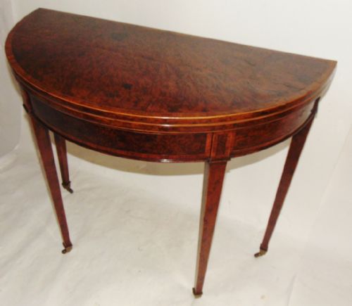 Sheraton Burr Yew-wood Half Round Card Table. Circa 1790