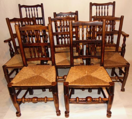 Set 8 Elm Lancashire Spindle Back Chairs Circa 1800
