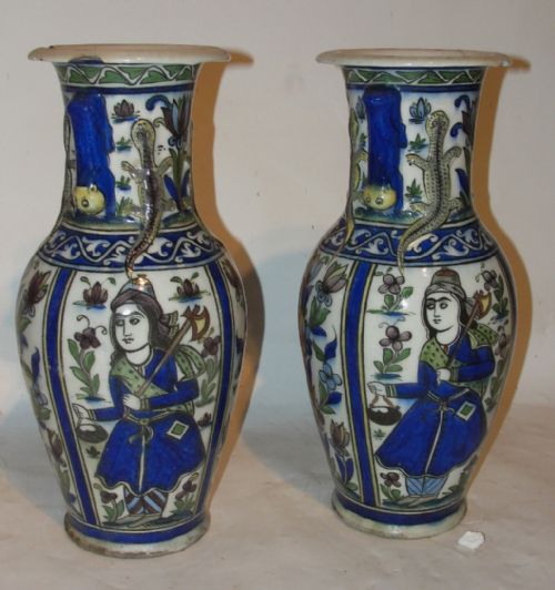 Pair Tehran Persian Pottery Vases Circa 1850
