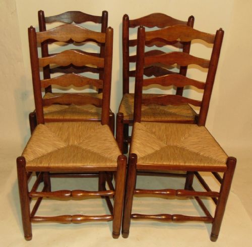 Set 4 Ladder Back Rush Seat Chairs, Circa 1800