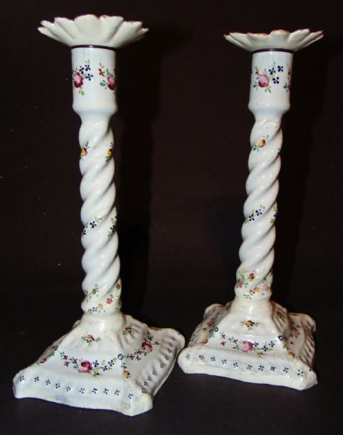 Pair Georgian Bilston Enamel Candlesticks. Circa 1780