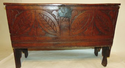 Early Elm 6 Plain Coffer. Dated 1664