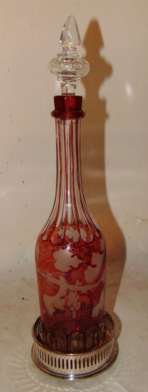 Victorian Ruby Glass Decanter with Plated Coaster. Circa 1860