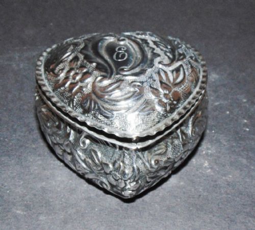Victorian Silver Heart Shaped Trinket Box. 1887