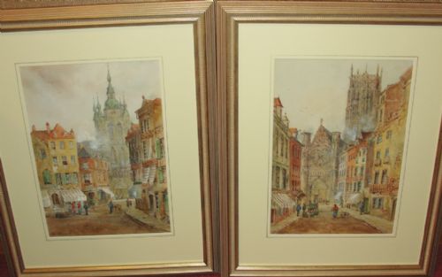 Pair Watercolours Belgium by Jan Van Strappen Circa 1880