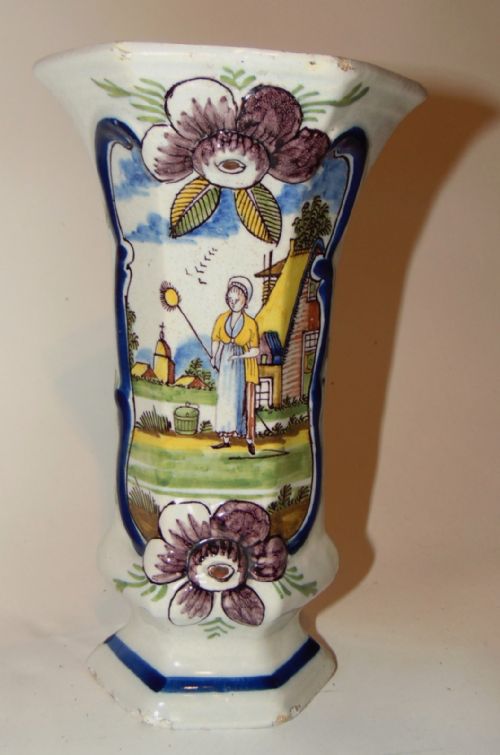 Dutch Delft Coloured Tall Vase. Circa 1820