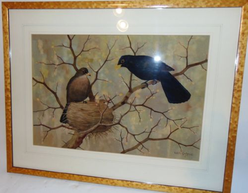 Watercolour 'Blackbird Family' by Ralston Gudgeon Circa 1935