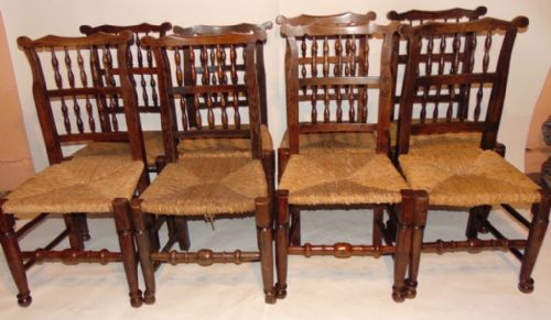 Set 8 Georgian Lancashire Spindle Back Rush Seat Chairs Circa 1820