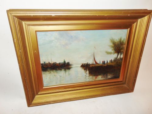 Edwardian Oil Painting Harbour Scene Dated 1909