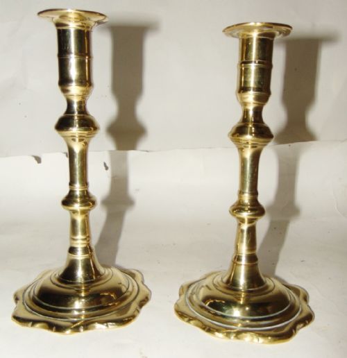 Pair Georgian Brass Petal Base Candlesticks Circa 1760