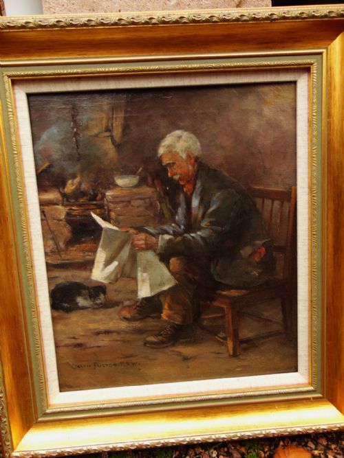Oil Painting Old Man Reading Paper by David Fulton C1900