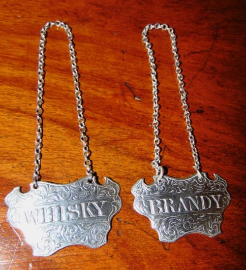 Pair Silver Wine Labels Whisky & Brandy by G. Unite 1844