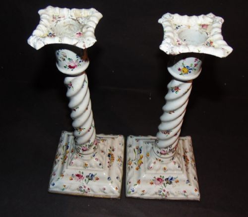 Pair Georgian Bilston Enamel Candlesticks Circa 1775