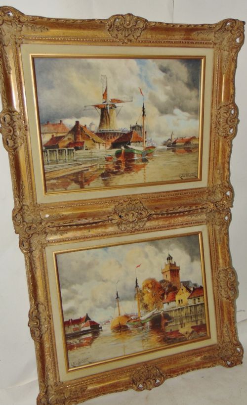 Pair Watercolours Dutch Scenes by Louis Van Staaten  Circa 1900