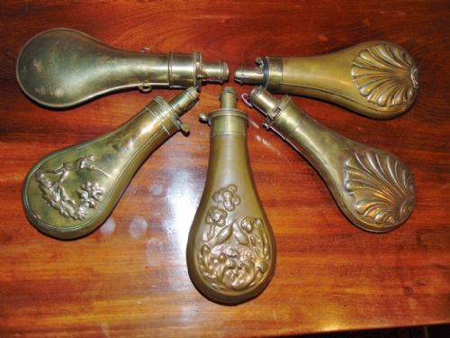 Collection of 5 Victorian Brass Powder Flasks Circa 1850