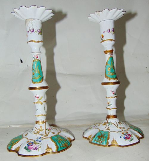 Pair Georgian Battersea Enamel Candlesticks Circa 1775