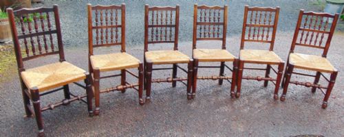 Set 6 Lancashire Spindle Back Rush Seat Chairs Circa 1800