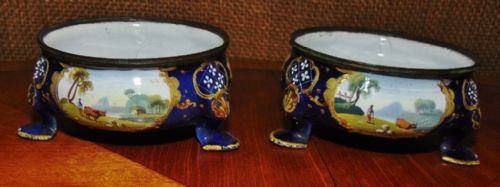 Rare Pair Georgain Battersea Enamel Salt Cellars Circa 1775