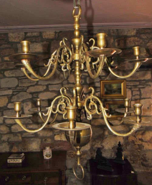 Dutch Brass Chandelier+pair Matching Wall Lights Circa 1820