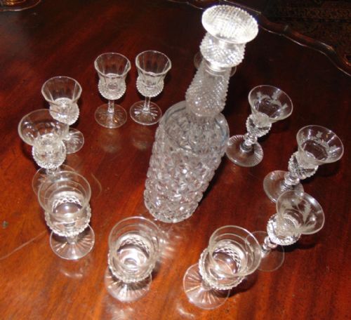 Cut Glass Thistle Decanter & Glasses Circa 1920
