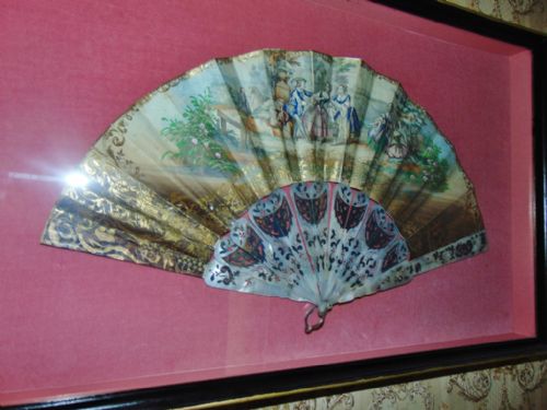Framed Edwardian fan with M.O.P. sticks circa 1910