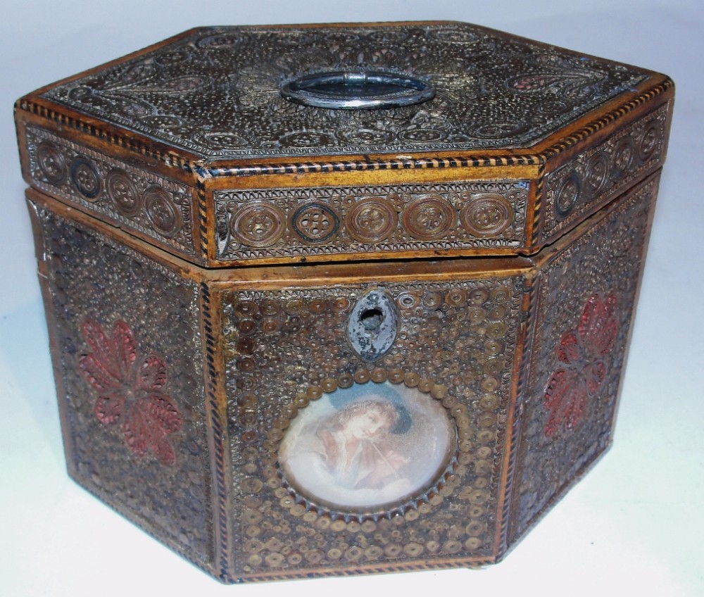 Georgian scroll paper tea caddy. Circa 1780