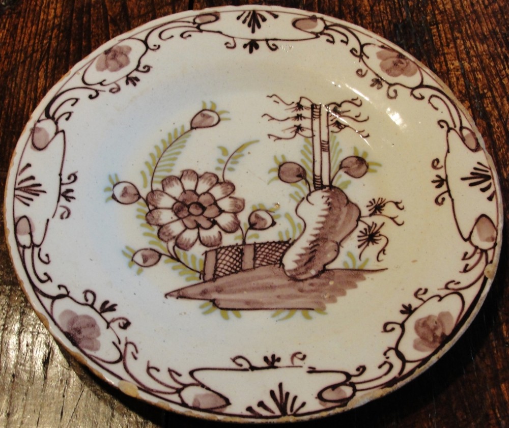 Georgian manganese decorated delft plate. Circa 1780