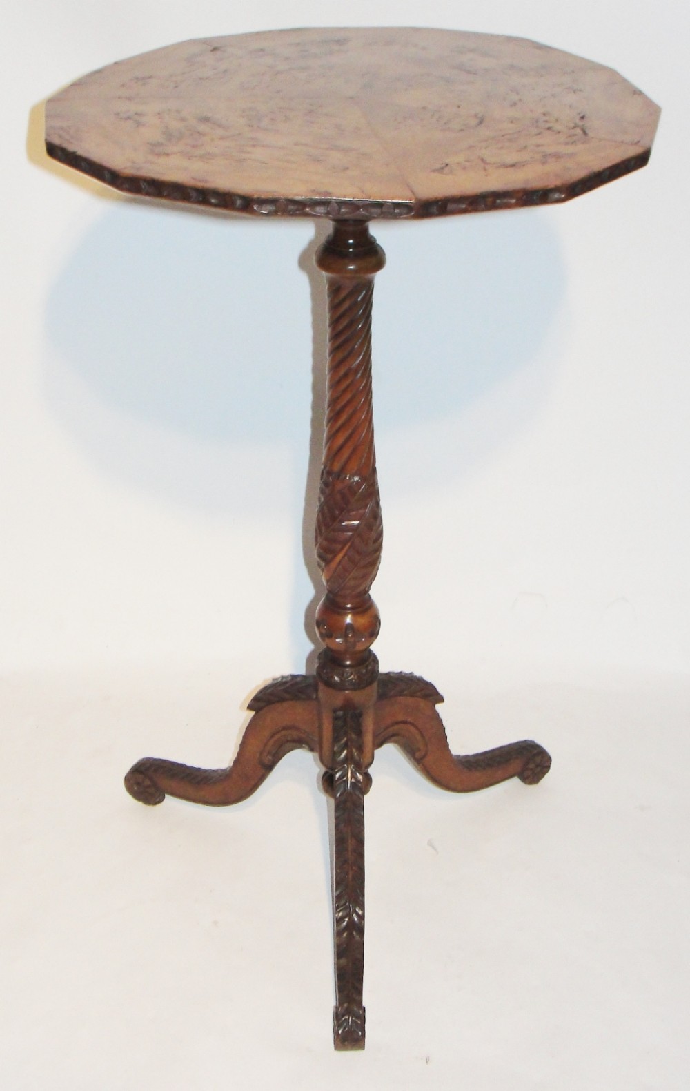 Late regency burr oak tripod table. Circa 1830