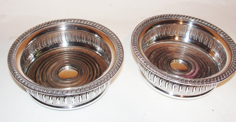 Pair Victorian silver plated wine coasters. Circa 1860