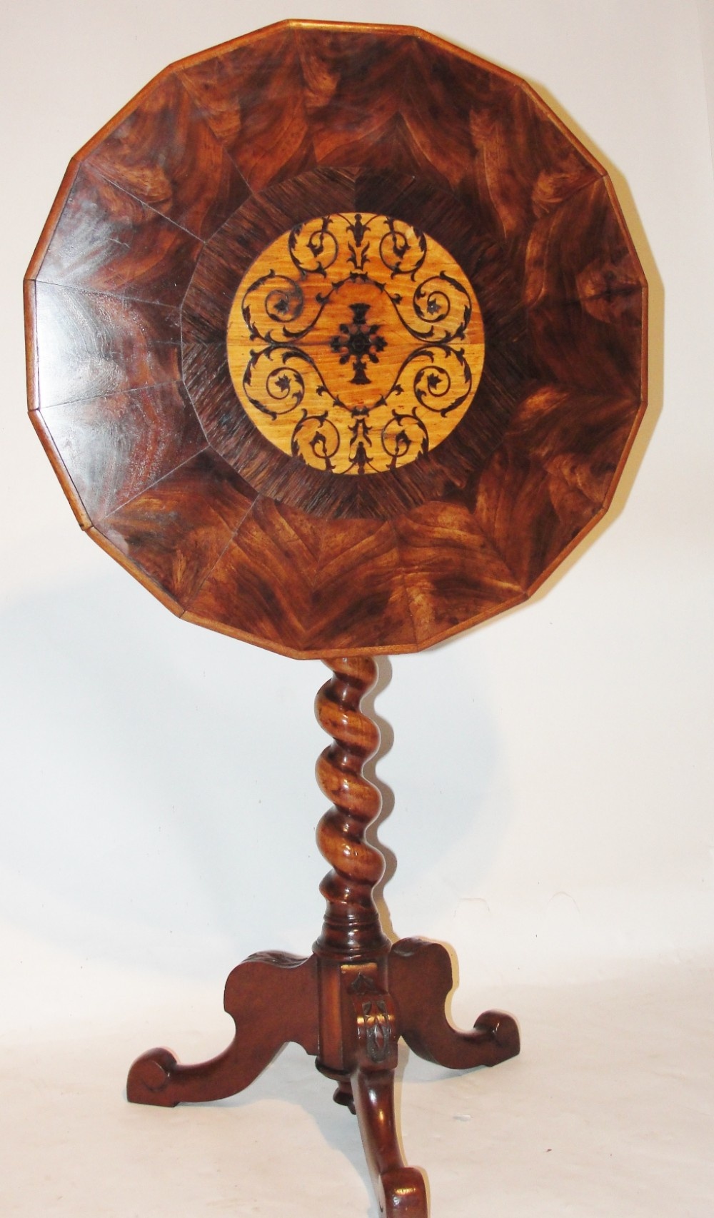 Victorian walnut and inlaid tripod table. Circa 1860