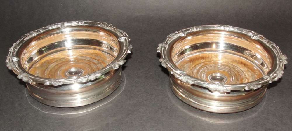 Pair Victorian silver plated coasters. Circa 1850