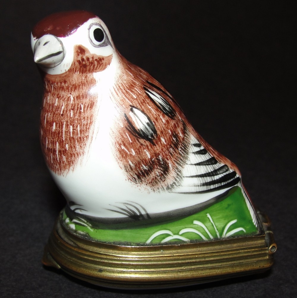 Georgian Bilston enamel bird patch box. Circa 1775