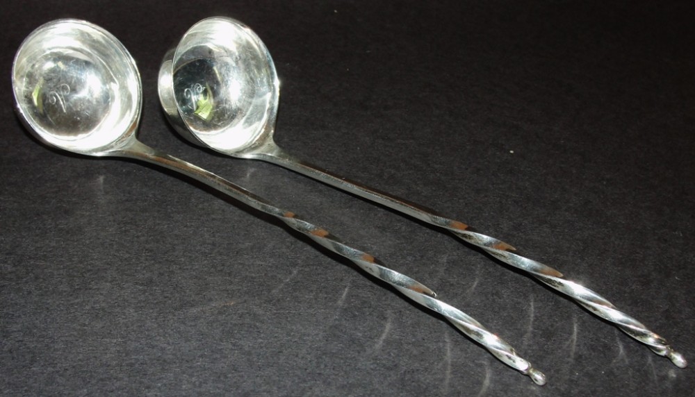 Pair Georgian Edinburgh silver toddy ladles. Circa 1805