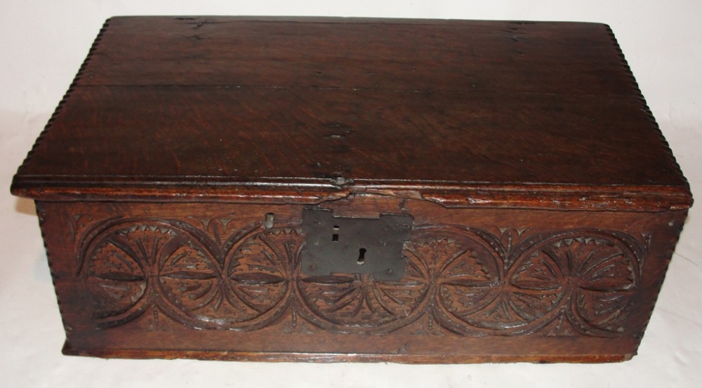 Early oak carved bible box. Circa 1700