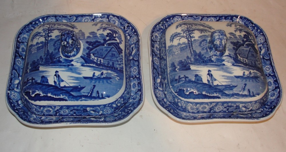 Two blue and white Wild Rose pattern tureens. Circa 1840