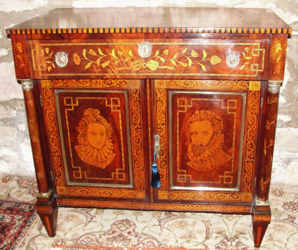 Dutch Empire marquetry on mahogany side cabinet. Circa 1810