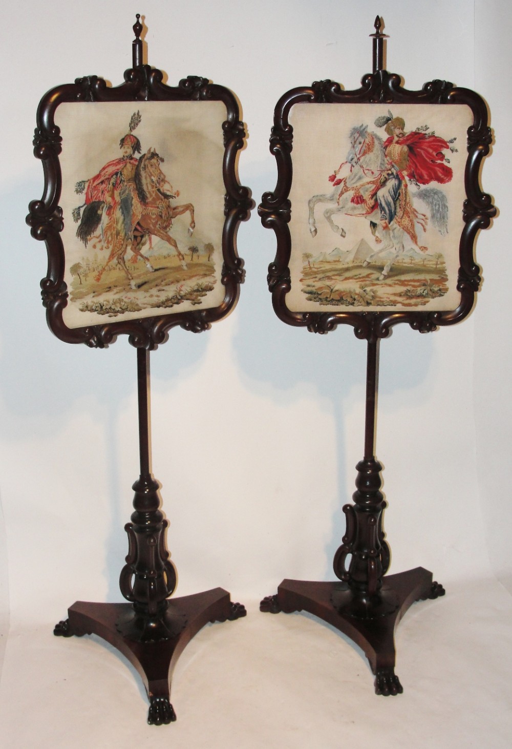 Pair Scottish regency rosewood pole screens. Circa 1830