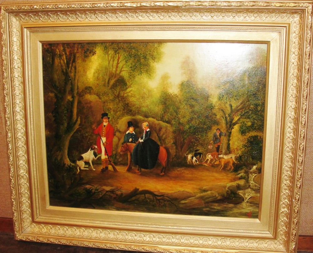Victorian primitive oil on canvas 'Hunting Party' Circa 1890