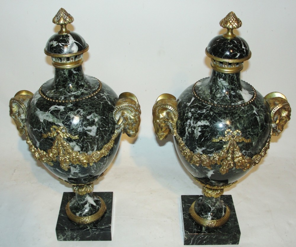 Pair green marble and ormolu mounted cassoulets. Circa 1870