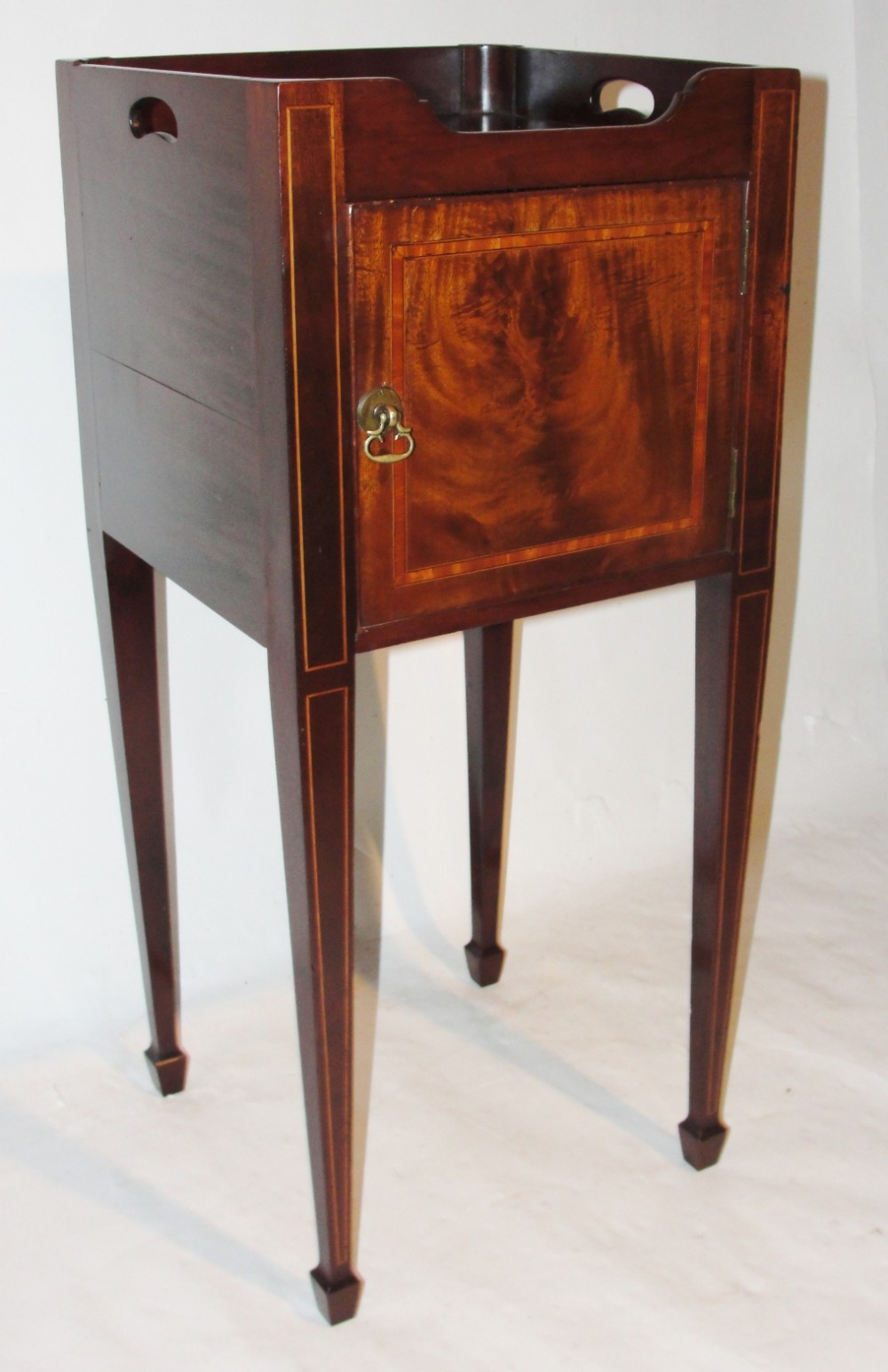 Georgian style mahogany and inlaid bedside cabinet. Circa 1880