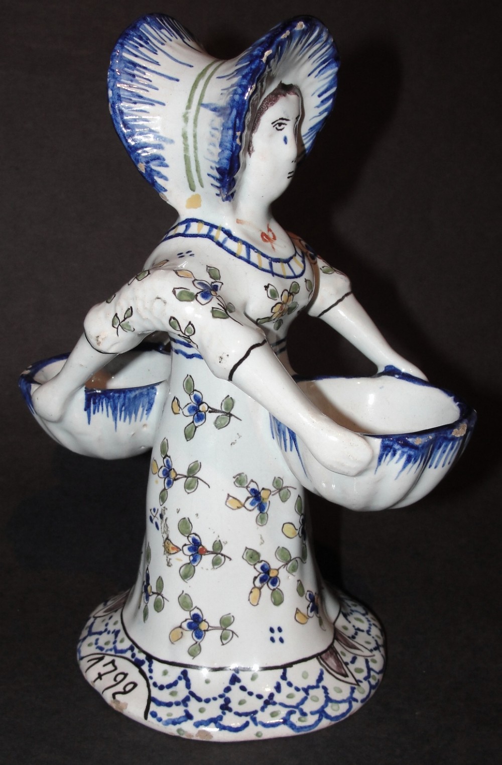 Dutch delft double sided salt cellar figure. Date 1792