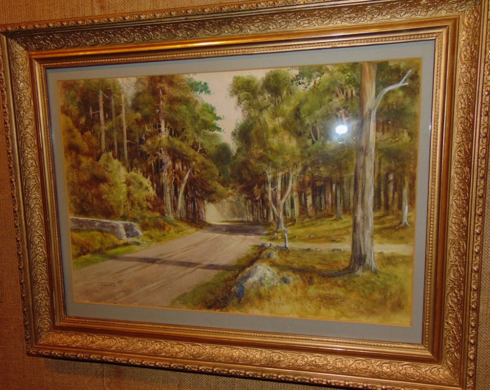 Victorian watercolour Country lane by H.Enfield. 1895