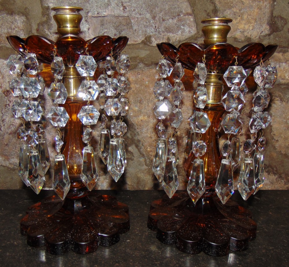 Pair Victorian amber glass lustres. Circa 1870