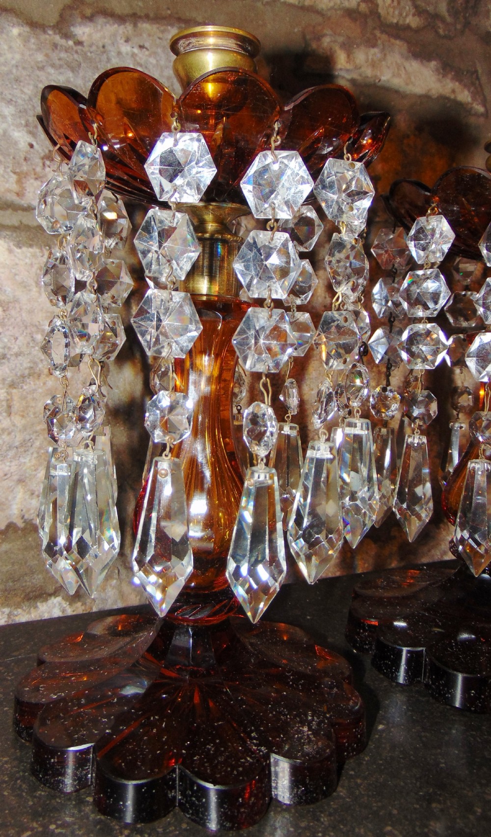 Pair Victorian amber glass lustres. Circa 1870 View II