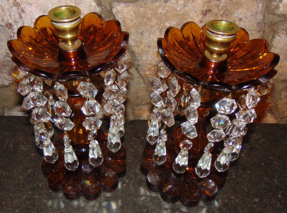 Pair Victorian amber glass lustres. Circa 1870 View III