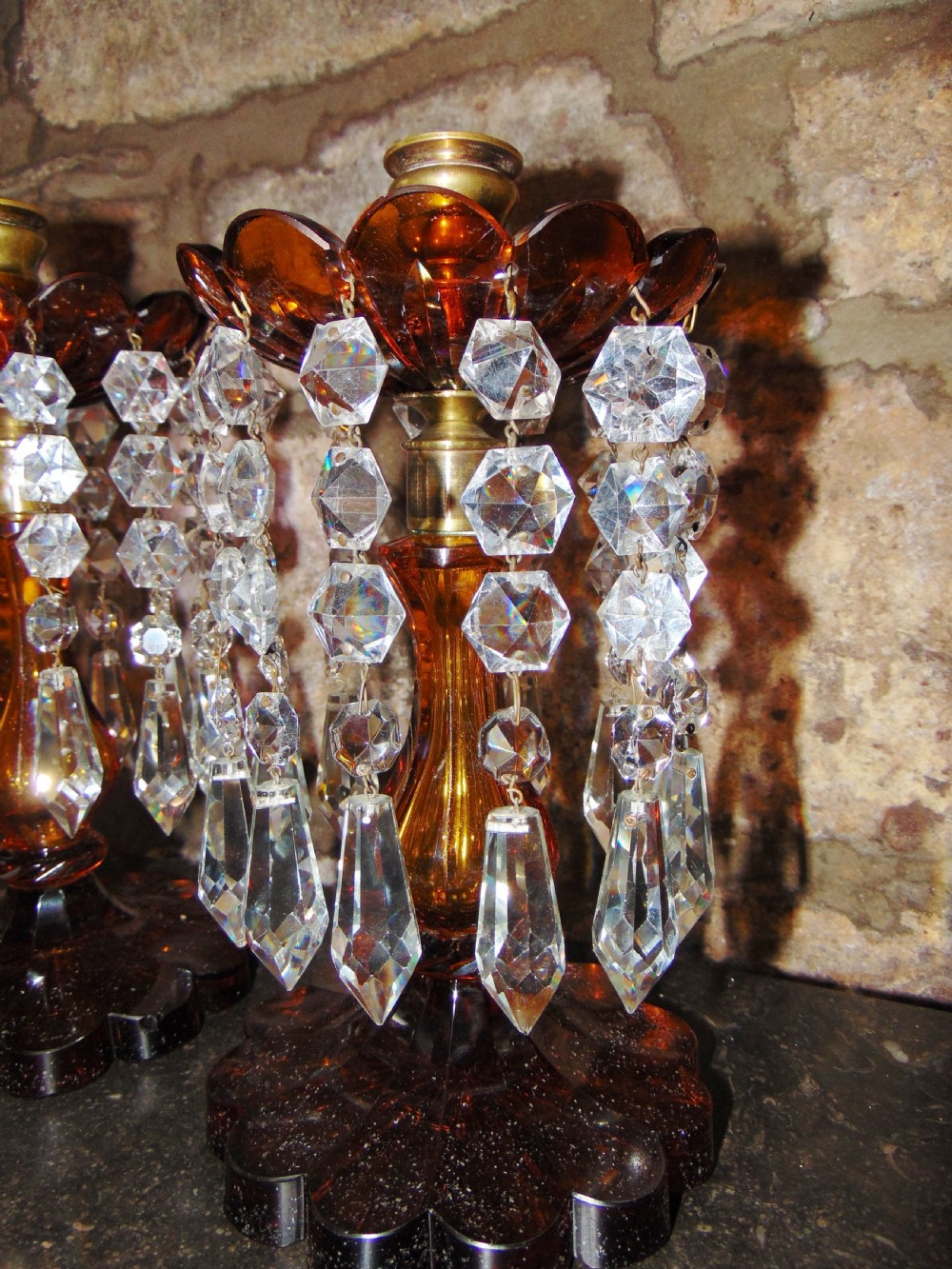 Pair Victorian amber glass lustres. Circa 1870 View IV