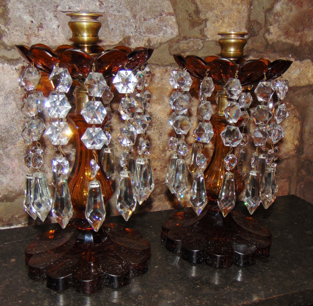 Pair Victorian amber glass lustres. Circa 1870 View VI