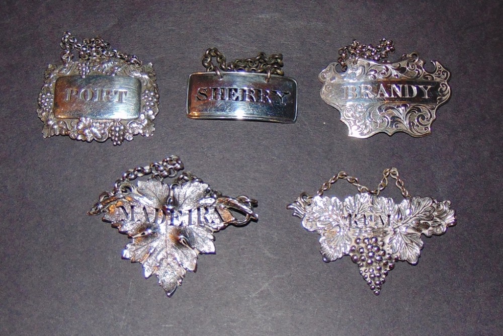5 Georgian & Victorian silver wine labels. 1807-1864